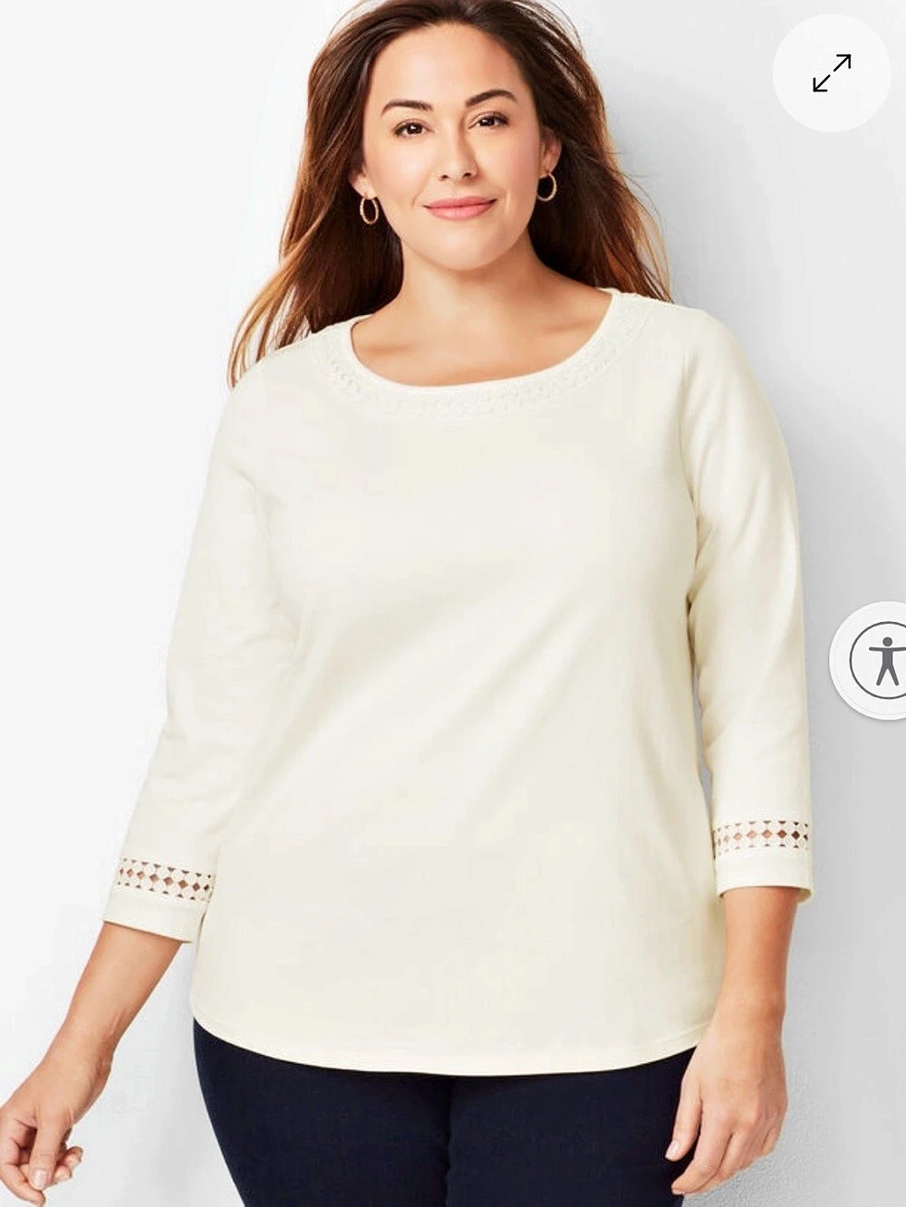 Talbots Cream Cotton Embroidered Trim Top XL Like New
